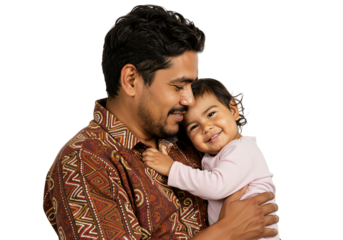 Caring Father Embraces Toddler Daughter with Joyful Smile in Traditional Attire