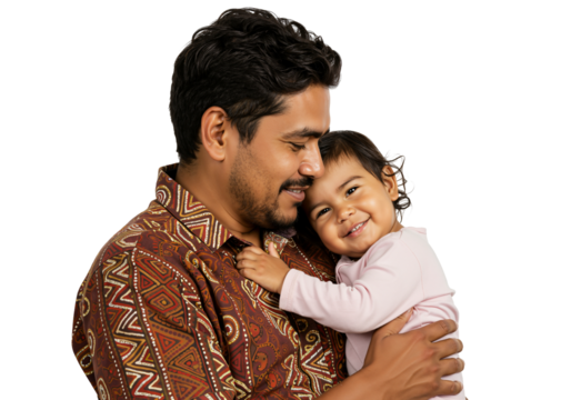 Caring Father Embraces Toddler Daughter with Joyful Smile in Traditional Attire