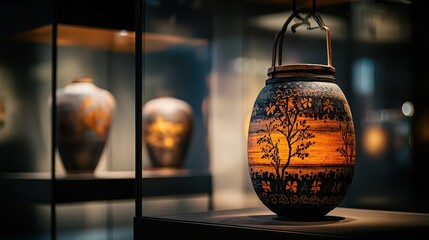 Exploring ancient artifacts decorative urns in a modern museum exhibit cultural hub photography indoor close-up heritage