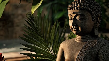 Meditative buddha statue surrounded by lush greenery tranquil garden sculpture natural light serene atmosphere