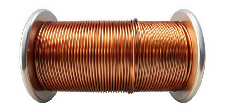 Close-up of a shiny copper wire spool, showcasing detailed coils and metallic sheen. Ideal for electrical and manufacturing contexts.