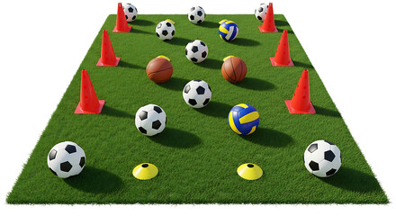 Sports equipment placed on a green field, ready for sports training.