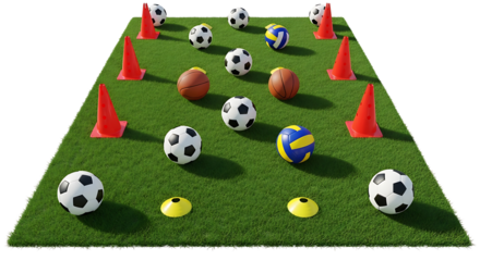 Sports equipment placed on a green field, ready for sports training.