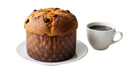 Panettone cake and coffee cup ready to enjoy.