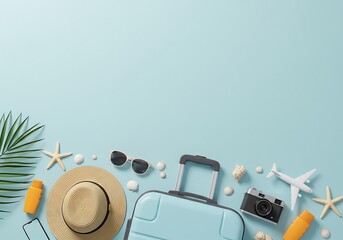 Light Blue Suitcase with Summer Essentials, Ready for a Vacation. Generative Ai