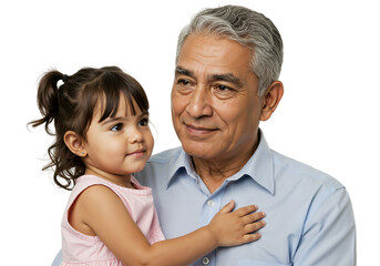 Heartwarming Portrait of an Elderly Hispanic Man Holding a Young Girl in a Pink Dress with a Smiling Expression