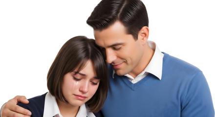 A father consoling his daughter in distress, conveying empathy and understanding.