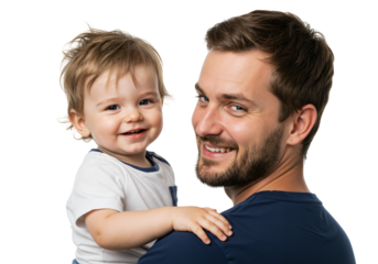 Smiling Father Holding Baby Boy with Joyful Expression in Family Portrait