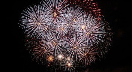 Fototapeta premium Spectacular Bursting Fireworks Display Illuminating the Night Sky with Vibrant Colors and Dazzling Patterns
