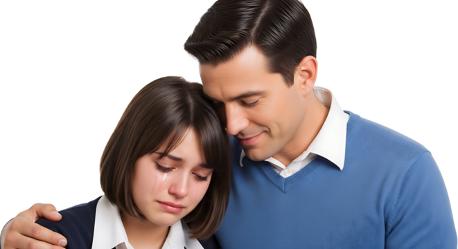 A father consoling his daughter in distress, conveying empathy and understanding.
