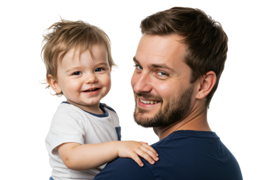Smiling Father Holding Baby Boy with Joyful Expression in Family Portrait