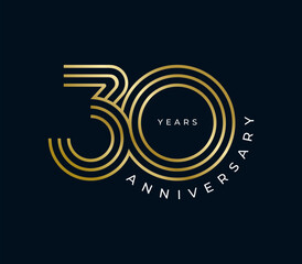 30 Years Anniversary design vector illustration. Unique 30 years logo design template. In gold color