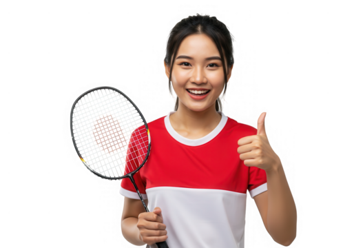 Smiling badminton player gives thumbs up, isolated on transparent background