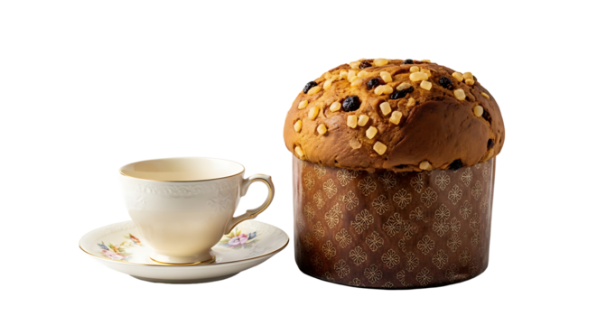 A delightful combination of traditional Italian panettone and a teacup. 