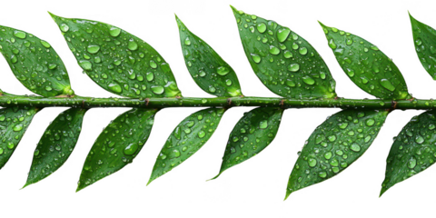 Dewy Green Leaves on Transparent Background Close up vibrant green leaves covered water droplets Perfect for designers needing natural element with transparent background for various projects