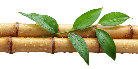 Bamboo and Leaves with Water Drops on Transparent Background Elegant image bamboo stalks fresh leaves covered water droplets The transparent background valuable feature for designers