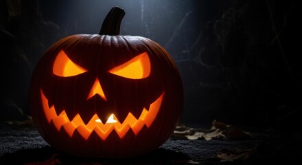 Obraz premium Creepy Jack O Lantern Grinning Menacingly In Dark Halloween Night