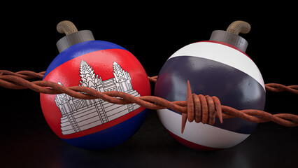 The Thailand and Cambodia flag on Bomb for crisis or war concept 3d Rendering.