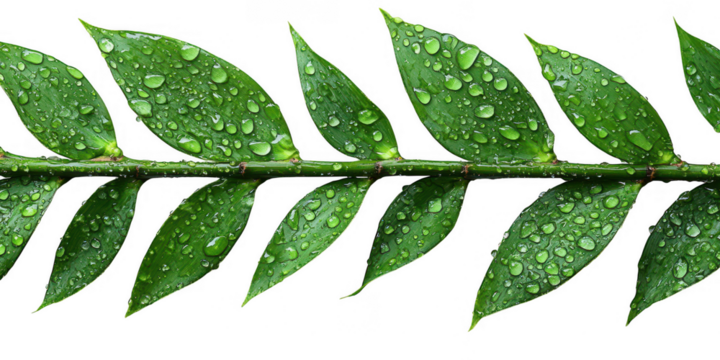 Dewy Green Leaves on Transparent Background Close up vibrant green leaves covered water droplets Perfect for designers needing natural element with transparent background for various projects