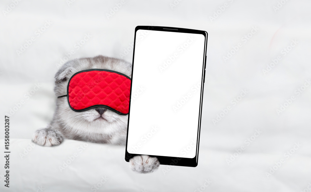 Poster Tiny kitten wearing sleeping mask sleeps on a bed at home and shows big smartphone with blank screen. Top down view. Empty space for text