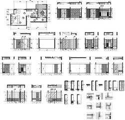 2D AutoCAD Interior Drawing of Bedroom, Walk-in Closet, and Large Bathroom with Furniture Layout, Elevation, Section, and Detail Vector