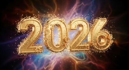 Golden Year 2026 Celebration with Cosmic Nebula Background and Glittering Particles