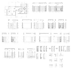 2D AutoCAD Interior Drawing of Bedroom, Walk-in Closet, and Large Bathroom with Furniture Layout, Elevation, Section, and Detail Vector