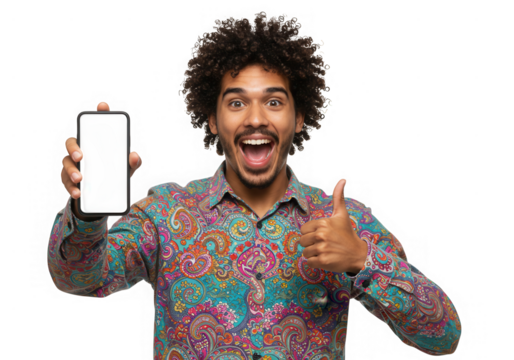 Excited man showing blank smartphone screen, isolated on transparent background