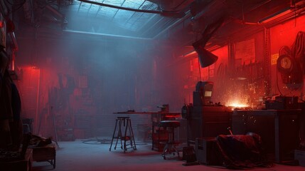 Red and blue lit industrial workshop