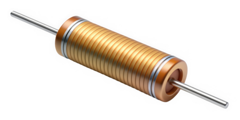 A close-up view of a copper coil inductor, showcasing its intricate winding and metallic finish, ideal for electronics and engineering applications.