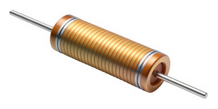 A close-up view of a copper coil inductor, showcasing its intricate winding and metallic finish, ideal for electronics and engineering applications.