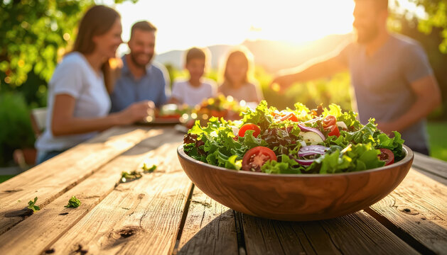 Large colorful salad bowl on rustic wooden table with family laughing and sharing during warm afternoon gathering - Powered by Adobe