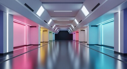 Obraz premium Futuristic Corridor With Neon Lighting and Reflective Floors