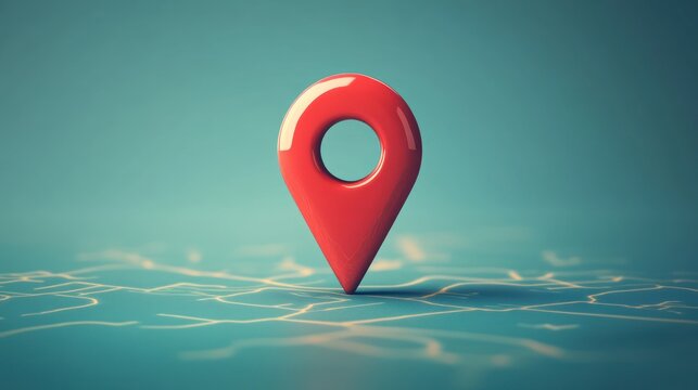 Red map marker on a teal surface.  Possible use Stock photo for navigation, location services, maps