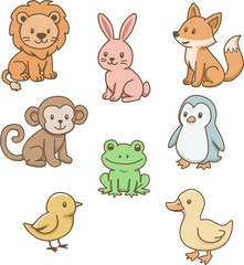 Cute Cartoon Farm and Zoo Animals Set – Vector Illustration