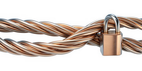 A close-up shot of intertwined golden and silver cables secured with a metallic padlock, symbolizing security and protection in a sleek, modern setting.