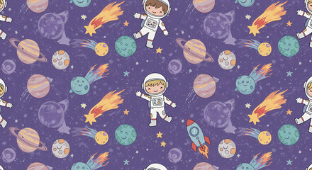 Naklejka premium Cute cartoon astronauts and planets in a space-themed repeating pattern.