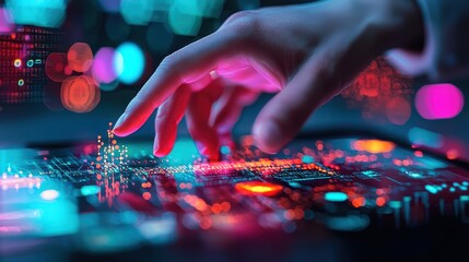 Futuristic hand interacting with digital interface.