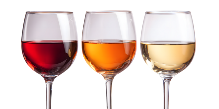 Three wine glasses showcase red, rose, and white wine against a transparent background in a sophisticated still life, silhouette