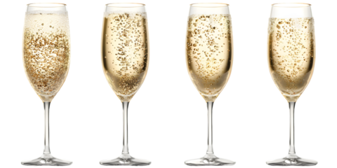 Four glasses filled with sparkling champagne stand against a transparent background, showcasing celebrations and festive cheer, silhouette