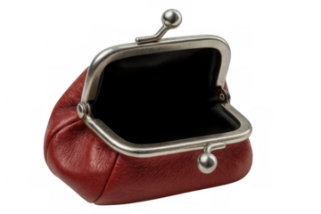 Red leather coin purse hanging open, revealing empty inner compartment against transparent backdrop