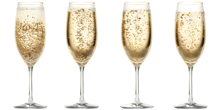 Four glasses filled with sparkling champagne stand against a transparent background, showcasing celebrations and festive cheer, silhouette