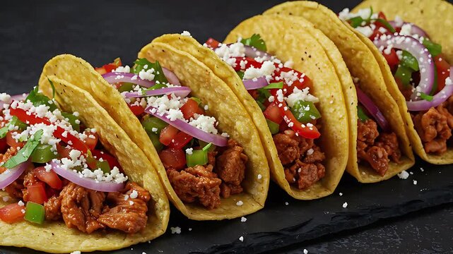 Close up of five tacos filled with meat, vegetables, and cheese on a black plate