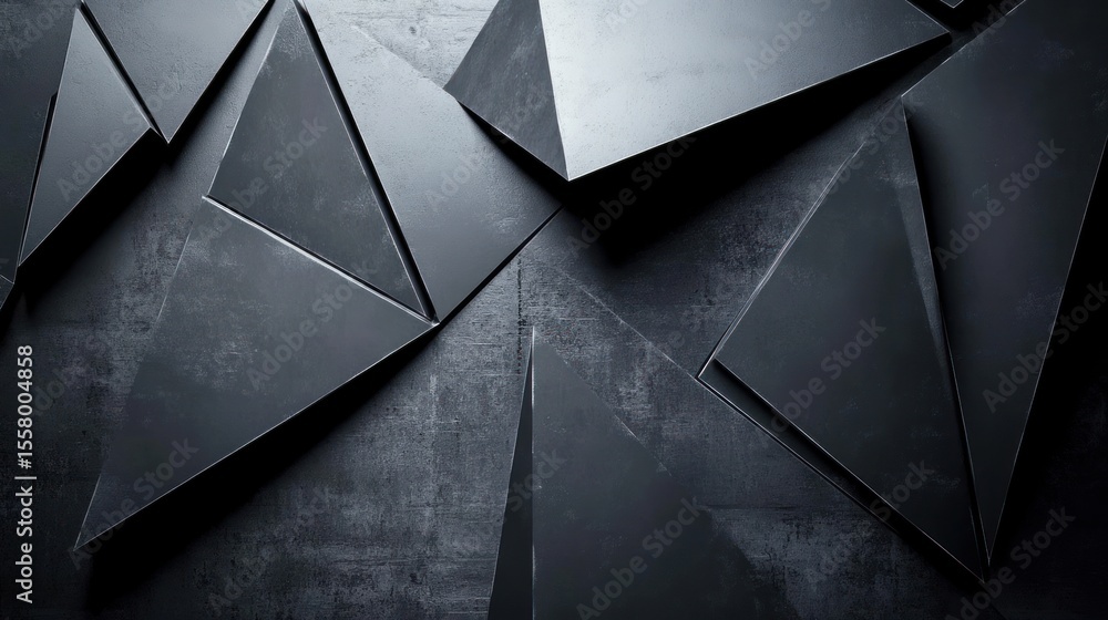 Poster abstract dark grey geometric composition: interlocking triangles and pyramids on textured background