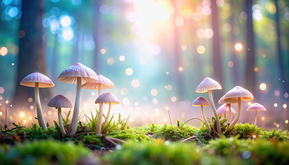 Fototapeta premium Enchanting and magical forest scene featuring glowing mushrooms and sparkling light creating a whimsical atmosphere