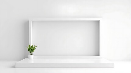empty white room with stage and green plant.