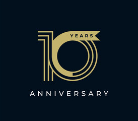 10 Years Anniversary with ribbon design vector illustration. Unique 10 years logo design template. In gold color