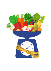 Healthy eating and diet concept. Scales with Fresh vegetables on on white background. stock illustration