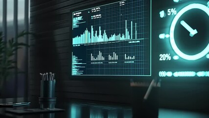 Futuristic office workspace with digital analytics dashboard displaying data metrics and clock - Powered by Adobe