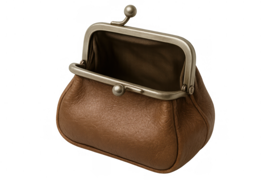 Vintage brown leather wallet gaping open, revealing blank interior, positioned against clean transparent backdrop, awaiting personal touch